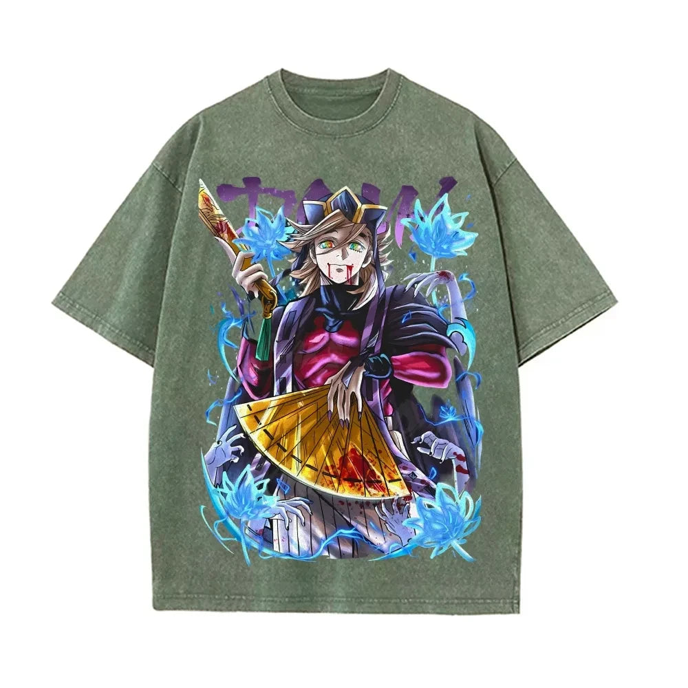 Demon Slayer Men's and Women's Washed T-Shirt Douma Summer and Spring New Anime Tee Retro Distressed Oversize Short Sleeve