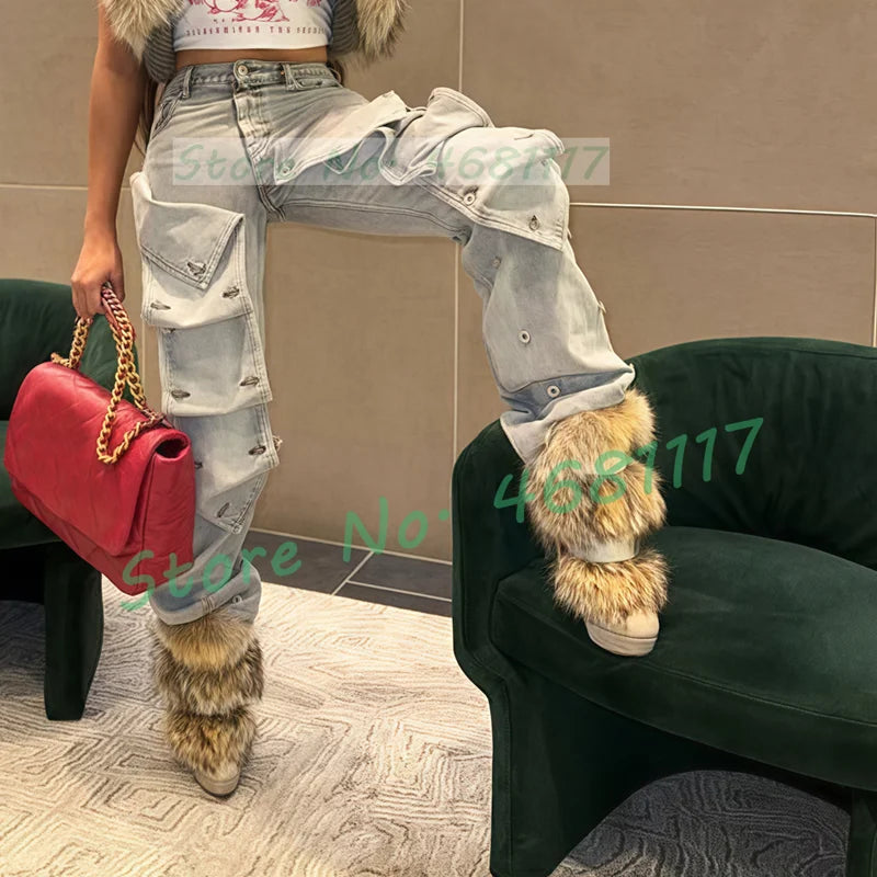Beige Suede Leather Fur Ankle Boots Women Luxury Buckle Strap Platform Boots Female Spring High Heels Chic Round Toe Shoes