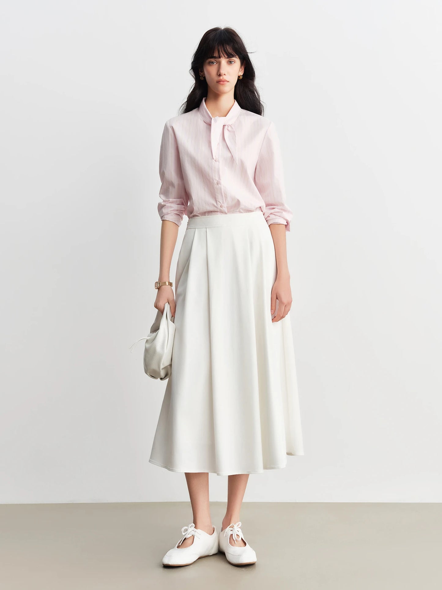 ZIQIAO Women's Pink Striped Cotton Shirt with Bunny Ear Tie Spring 2026 New Korean Style Long-Sleeved Top Age-reducing