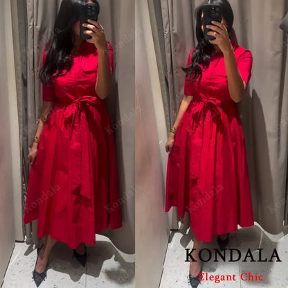 KONDALA Fall Women Elegant Red Belted Dress Lapel Pocket Long Dress 2025 New Summer High Street Romantic Casual Holidays Dress