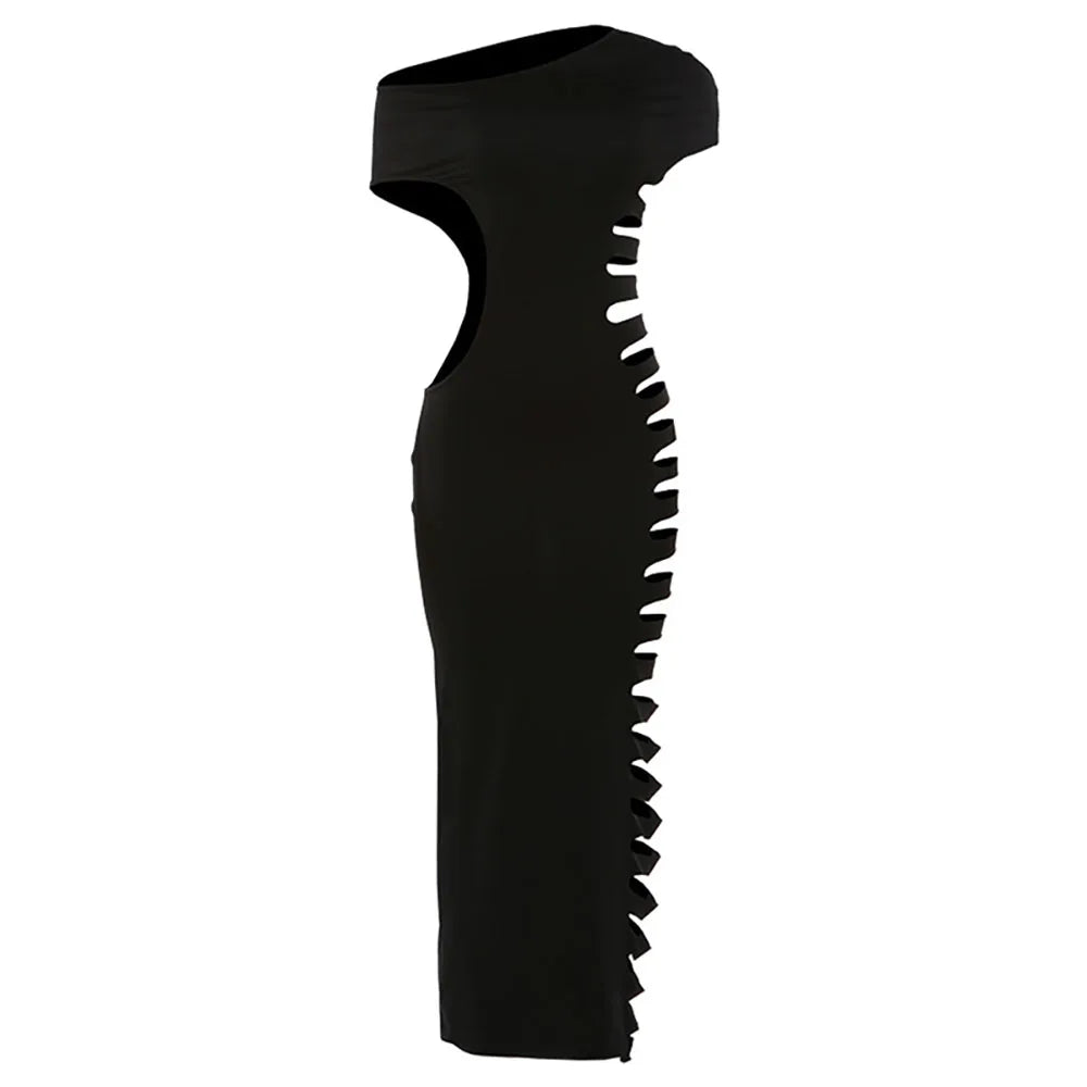 Sexy Skew Collar Bodycon Dress Women Coquette Hollow Out Summer Trend Midnight Party Clubwear Irregular Hipster Vestidos