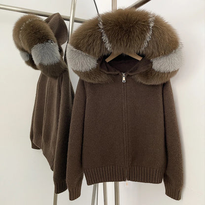 OFTBUY Real Mongolian Fur Knitwear Coat Women Cardigan Natural Fox Fur Coat Female Spring Autumn Hooded Knitted Fur Jacket