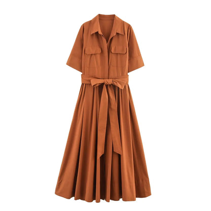 KONDALA Fall Women Elegant Red Belted Dress Lapel Pocket Long Dress 2025 New Summer High Street Romantic Casual Holidays Dress
