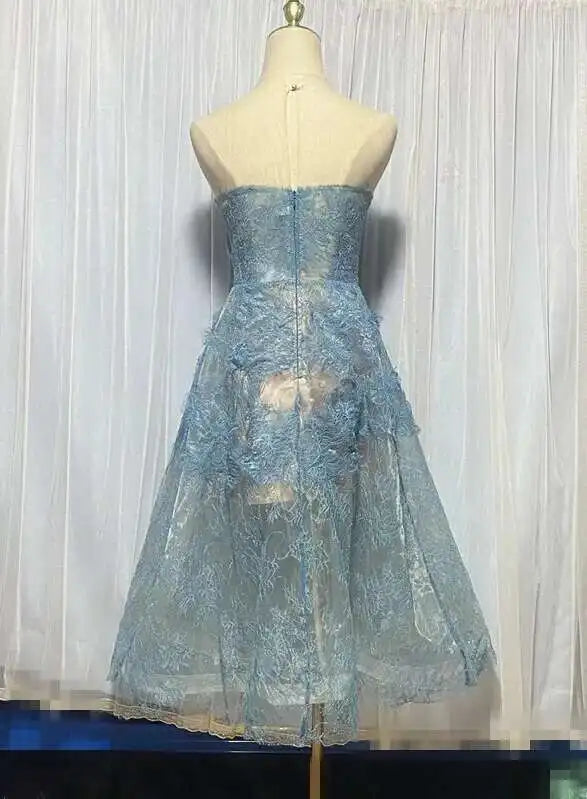 UCXQ Korean Style 3D Flower Sequin Lace Strapless Dress Elegant Multi-color Mesh Long Dresses Women 2025 New Spring Summer A7877