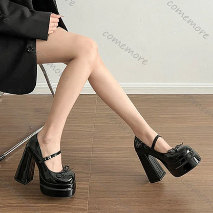 Comemore Platform Square High Heel Women's Mary Jane Shoes Fashion Butterfly-knot Shoes Spring Autumn Wedding Party Pumps Shoes