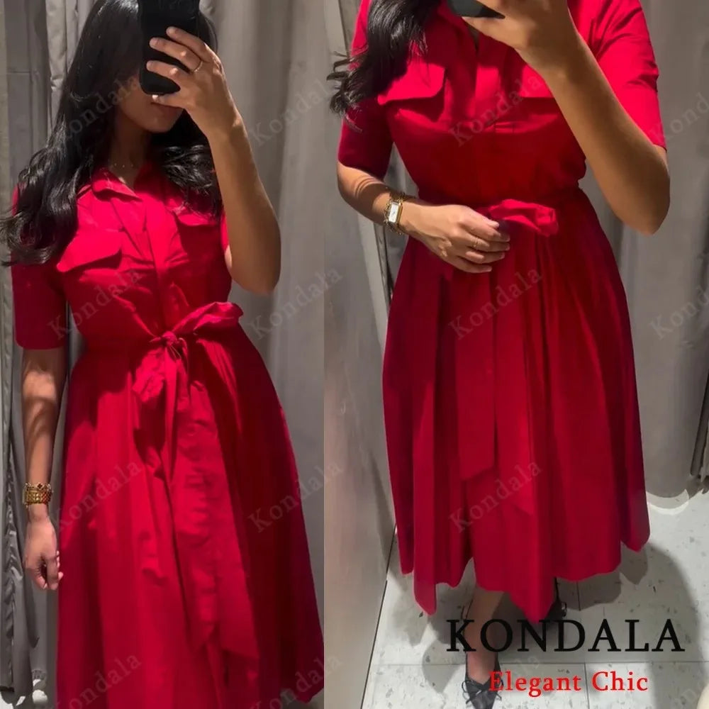 KONDALA Fall Women Elegant Red Belted Dress Lapel Pocket Long Dress 2025 New Summer High Street Romantic Casual Holidays Dress
