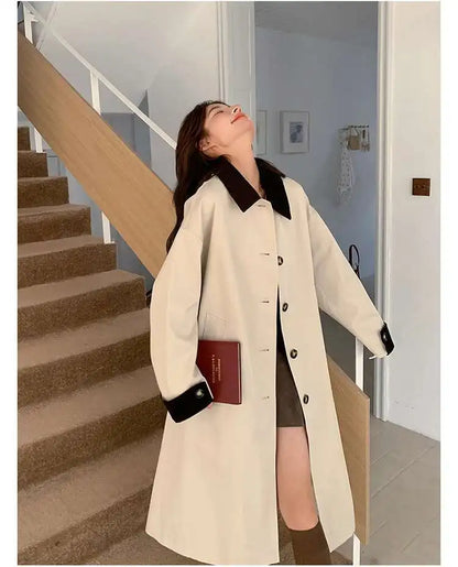 LANMREM Women Trench Coat Korean Style New Lapel Long Sleeve Loose Single Breasted Windbreaker Fashion Tide Spring 2025 2DE118
