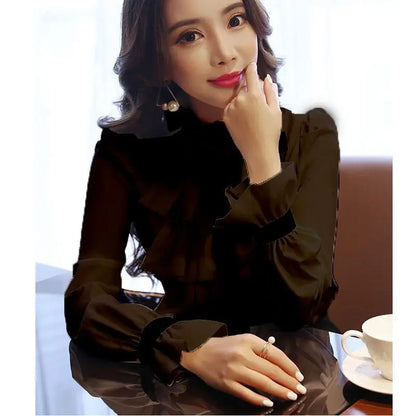Spring Autumn Elegant Fashion Ruffles Lace Up Bow Shirt Lady Long Sleeve All-match Pullover Top Women Slim White Vintage Blouse