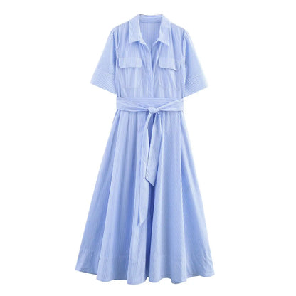 KONDALA Fall Women Elegant Red Belted Dress Lapel Pocket Long Dress 2025 New Summer High Street Romantic Casual Holidays Dress