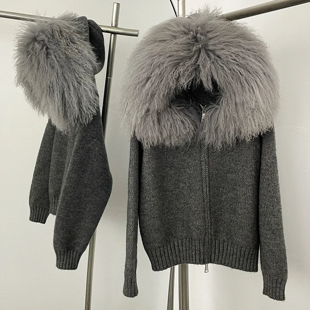 OFTBUY Real Mongolian Fur Knitwear Coat Women Cardigan Natural Fox Fur Coat Female Spring Autumn Hooded Knitted Fur Jacket