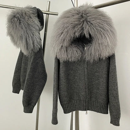 OFTBUY Real Mongolian Fur Knitwear Coat Women Cardigan Natural Fox Fur Coat Female Spring Autumn Hooded Knitted Fur Jacket