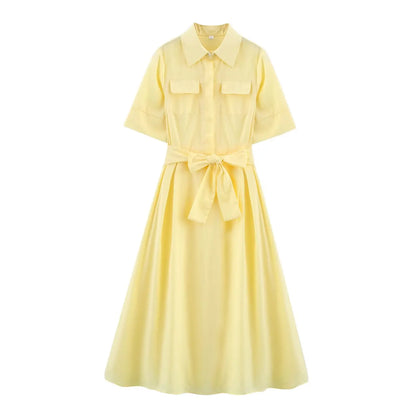 KONDALA Fall Women Elegant Red Belted Dress Lapel Pocket Long Dress 2025 New Summer High Street Romantic Casual Holidays Dress