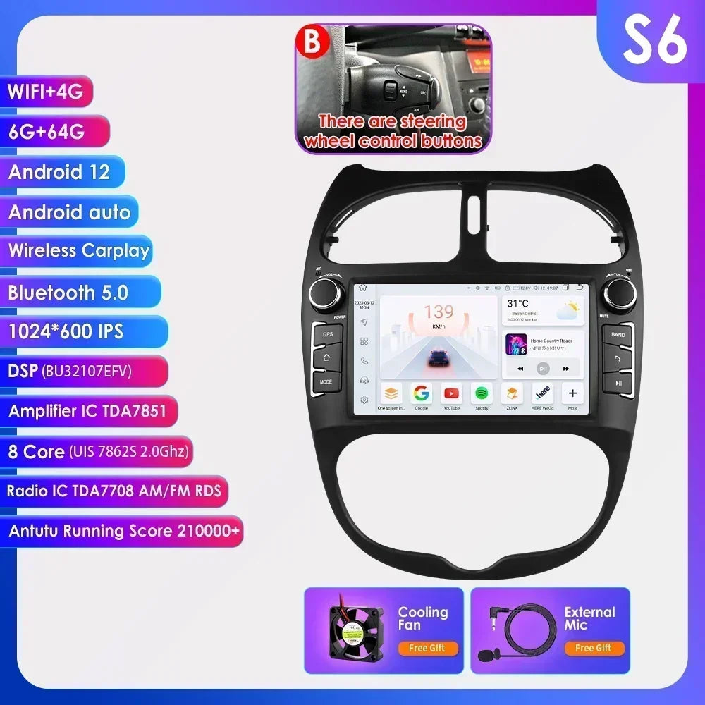 7862 Android Car Radio Player for Peugeot 206 206CC 206SW 2000 -2008 Car Stereo Multimedia Audio Wireless Carplay 7inch headunit