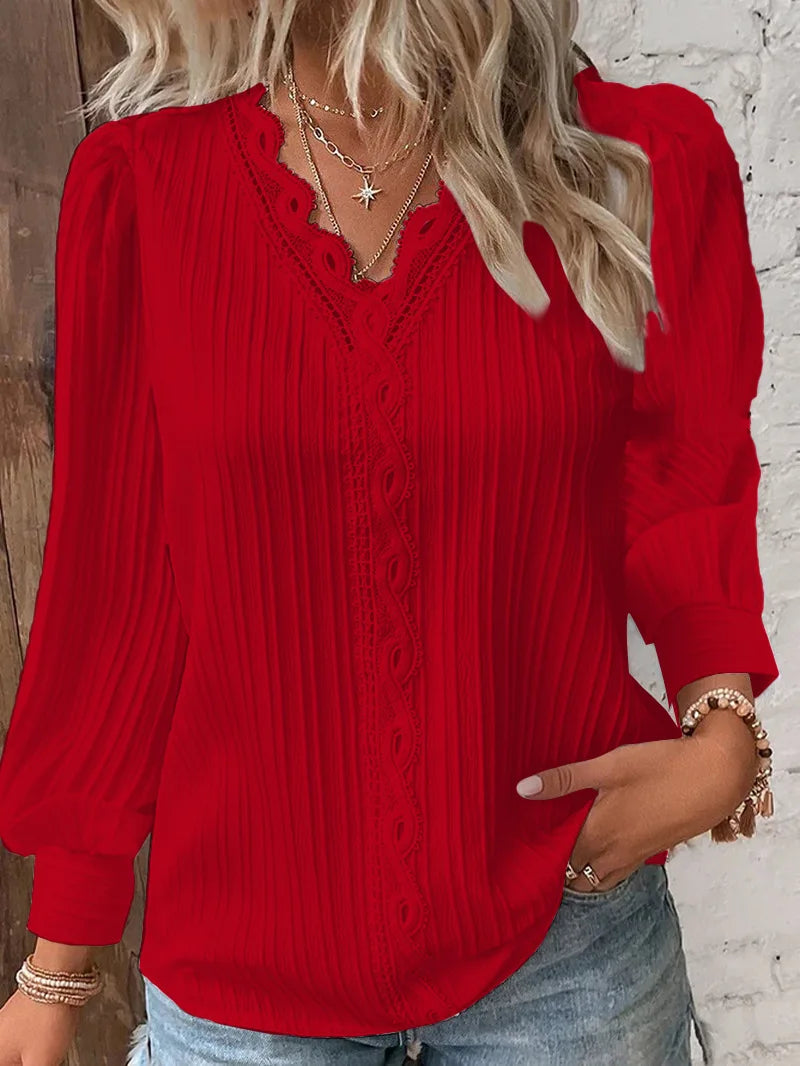 Women's White Blouses Lace Stitching V-neck Simple Chiffon Shirt Fall Long Sleeve Pullover Loose Top Elegant Street Blous Women