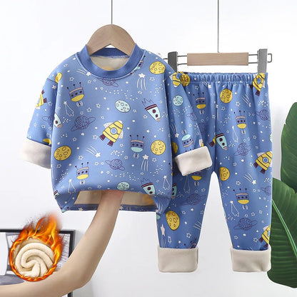 New 2025 Autumn Winter Kids Thicken Warm Pajamas Baby Boys Girls Cartoon Long Sleeve Pyjamas Toddler Sleepwear Clothing Sets