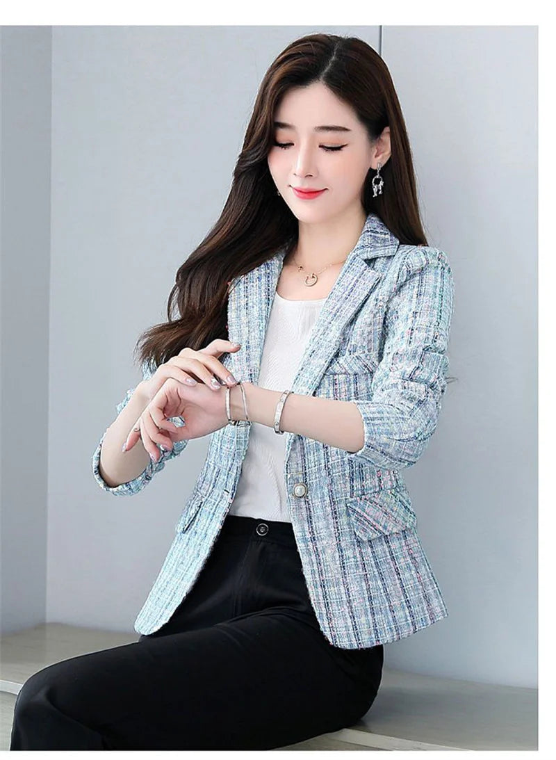 2025 Fashion Tweed Short Jacket Women's Plaid Blazers Coarse Woolen Coat Spring Autumn Casual Tops Slim Small Suit Jackets Lady