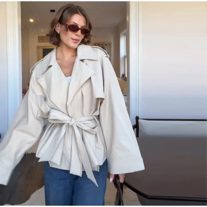 Fashion Lace Up Ruched Trench Coat Women Solid Loose Lapel Full Sleeve Jackets Female 2025 Spring Autumn Lady Commute Coats New