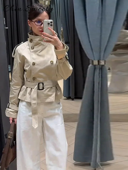 Fashion Lace Up Ruched Trench Coat Women Solid Loose Lapel Full Sleeve Jackets Female 2025 Spring Autumn Lady Commute Coats New