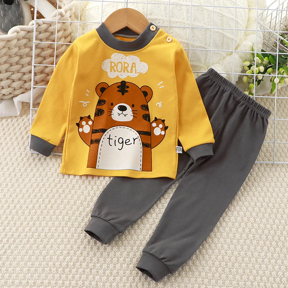 Spring Autumn Kids Pajamas Set Unisex Children Dino Bear Animal Cartoon Sleepwear Boys and Girls Homewear Casual Clothing 1-10Y