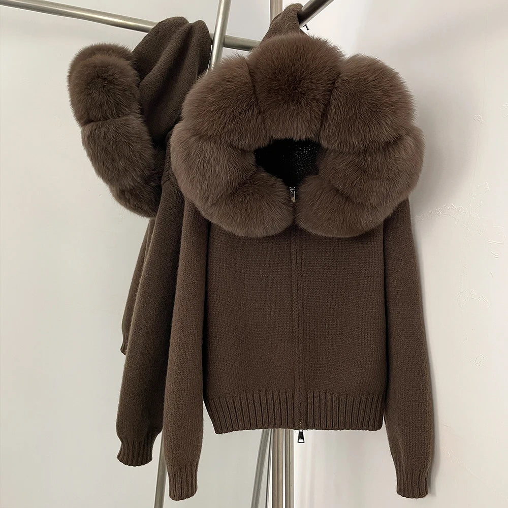 OFTBUY Real Mongolian Fur Knitwear Coat Women Cardigan Natural Fox Fur Coat Female Spring Autumn Hooded Knitted Fur Jacket