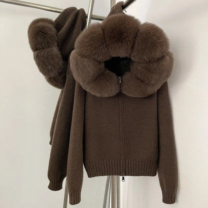 OFTBUY Real Mongolian Fur Knitwear Coat Women Cardigan Natural Fox Fur Coat Female Spring Autumn Hooded Knitted Fur Jacket