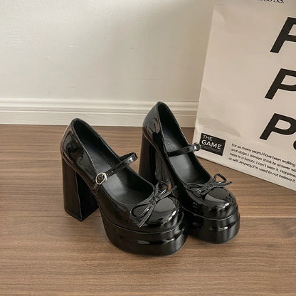 Comemore Platform Square High Heel Women's Mary Jane Shoes Fashion Butterfly-knot Shoes Spring Autumn Wedding Party Pumps Shoes