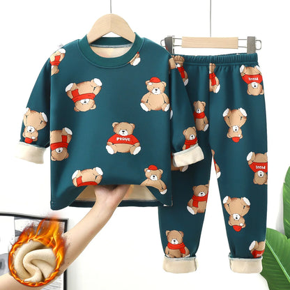 New 2025 Autumn Winter Kids Thicken Warm Pajamas Baby Boys Girls Cartoon Long Sleeve Pyjamas Toddler Sleepwear Clothing Sets