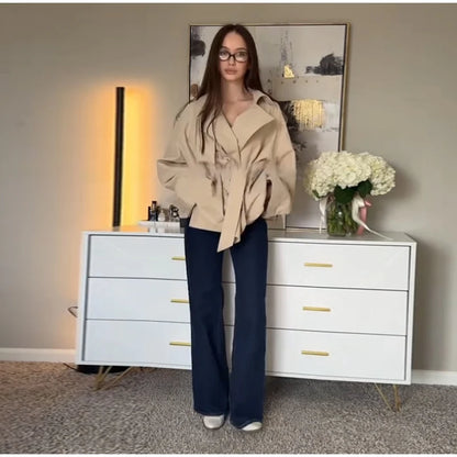 Fashion Lace Up Ruched Trench Coat Women Solid Loose Lapel Full Sleeve Jackets Female 2025 Spring Autumn Lady Commute Coats New