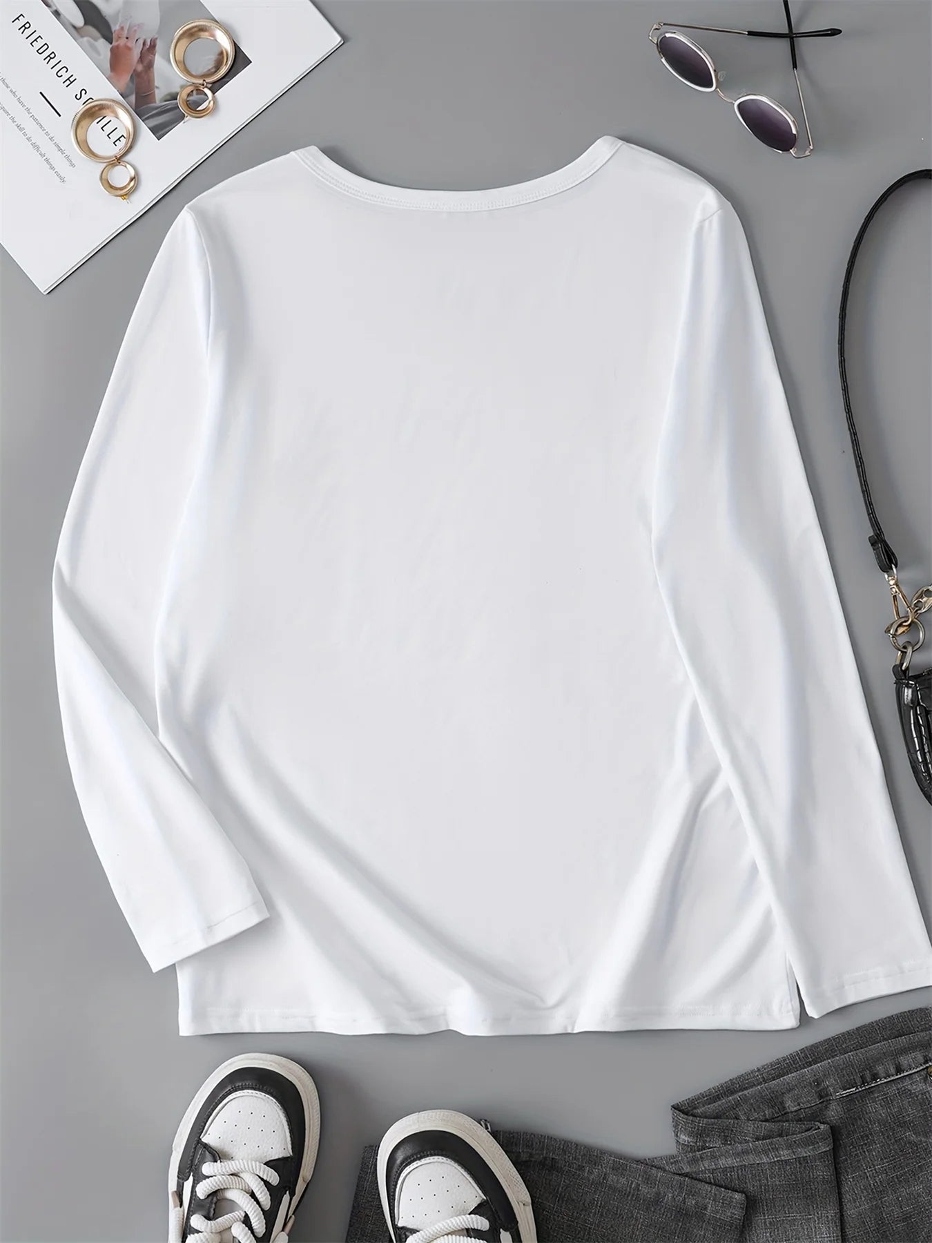 100% pure cotton women's spring and autumn loose comfortable eye pattern printed long sleeved round neck T-shirt