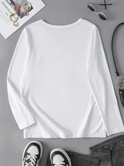100% pure cotton women's spring and autumn loose comfortable eye pattern printed long sleeved round neck T-shirt