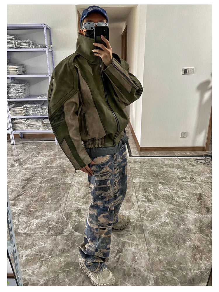 Mauroicardi Spring Autumn Cool Handsome Windproof Oversized Distressed Patchwork Pu Leather Jacket Men Zip Up European Fashion