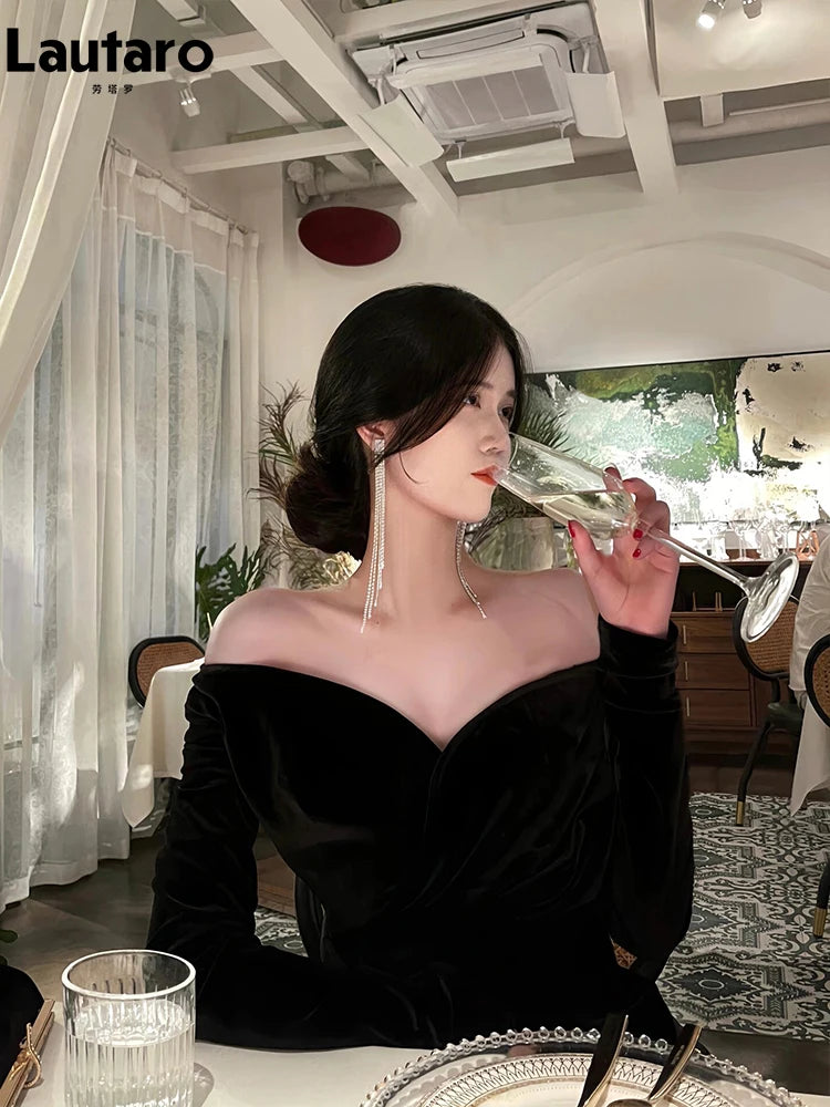 Lautaro Spring Long Sexy Black Stretchy Fitted Birthday Party Evening Dresses for Women Luxury Elegant Off the Shoulder Clothing