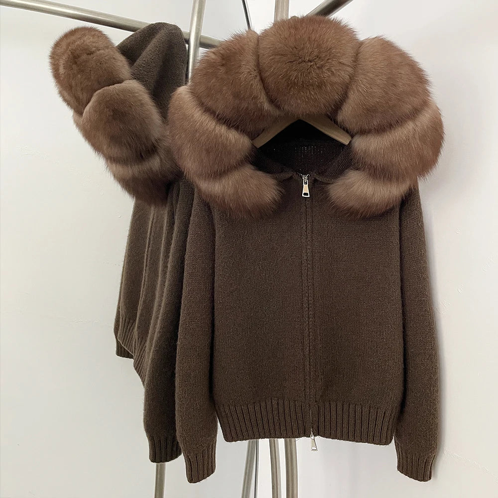 OFTBUY Real Mongolian Fur Knitwear Coat Women Cardigan Natural Fox Fur Coat Female Spring Autumn Hooded Knitted Fur Jacket