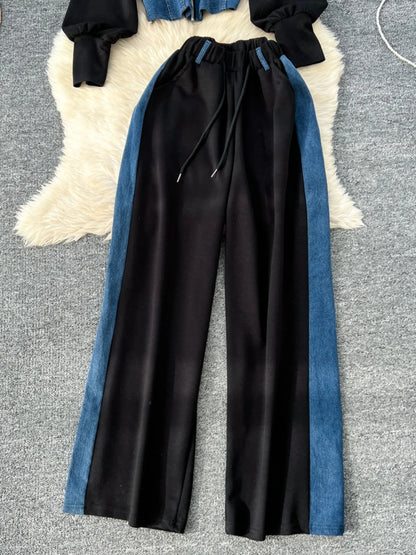 Neploe Spring Hong Kong Style Casual Set Coat Pullover Hoody Panelled High Waist Wid Leg Pants Denim Lace Up Moda Suit Trousers