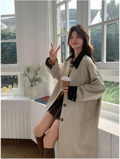 LANMREM Women Trench Coat Korean Style New Lapel Long Sleeve Loose Single Breasted Windbreaker Fashion Tide Spring 2025 2DE118