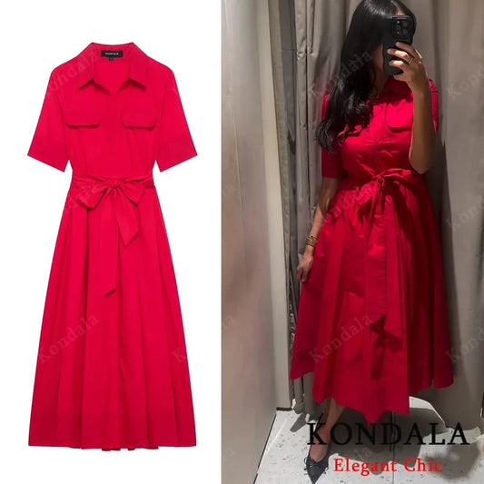KONDALA Fall Women Elegant Red Belted Dress Lapel Pocket Long Dress 2025 New Summer High Street Romantic Casual Holidays Dress