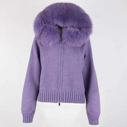 OFTBUY Real Mongolian Fur Knitwear Coat Women Cardigan Natural Fox Fur Coat Female Spring Autumn Hooded Knitted Fur Jacket