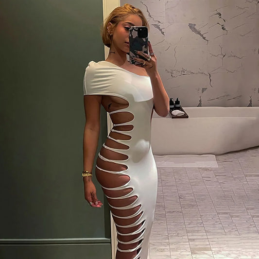 Sexy Skew Collar Bodycon Dress Women Coquette Hollow Out Summer Trend Midnight Party Clubwear Irregular Hipster Vestidos
