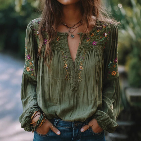 Ethnic Retro Boho Blouse for Women's Floral Printed Long Sleeve Soft Casual Spring Vintage V-Neck Shirt Ruched Tops 2026