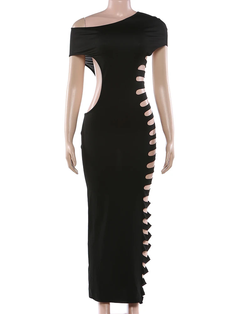 Kliou Sexy Hollow Design Long Dress Woman Skew Collar Off Shoulder Skinny High Waist Robe Midnight Club Party Fashion Vestidos