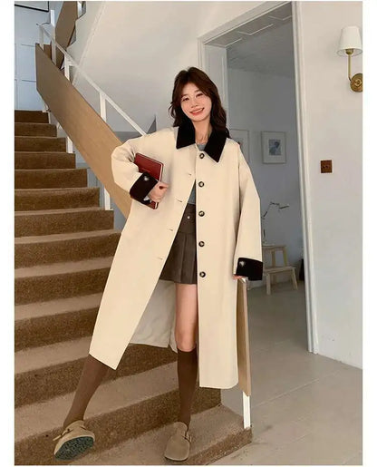 LANMREM Women Trench Coat Korean Style New Lapel Long Sleeve Loose Single Breasted Windbreaker Fashion Tide Spring 2025 2DE118