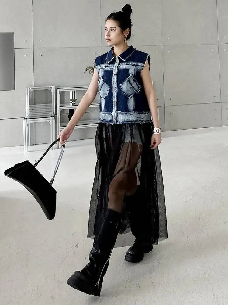 EAM Women Blue Denim Burr Mesh Color-block Big Size Blouse New Lapel Sleeveless Shirt Fashion Tide Spring Autumn 2026 1DJ2069