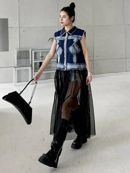 EAM Women Blue Denim Burr Mesh Color-block Big Size Blouse New Lapel Sleeveless Shirt Fashion Tide Spring Autumn 2026 1DJ2069