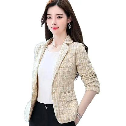 2025 Fashion Tweed Short Jacket Women's Plaid Blazers Coarse Woolen Coat Spring Autumn Casual Tops Slim Small Suit Jackets Lady