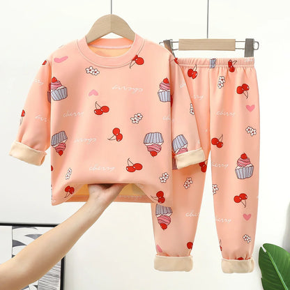New 2025 Autumn Winter Kids Thicken Warm Pajamas Baby Boys Girls Cartoon Long Sleeve Pyjamas Toddler Sleepwear Clothing Sets