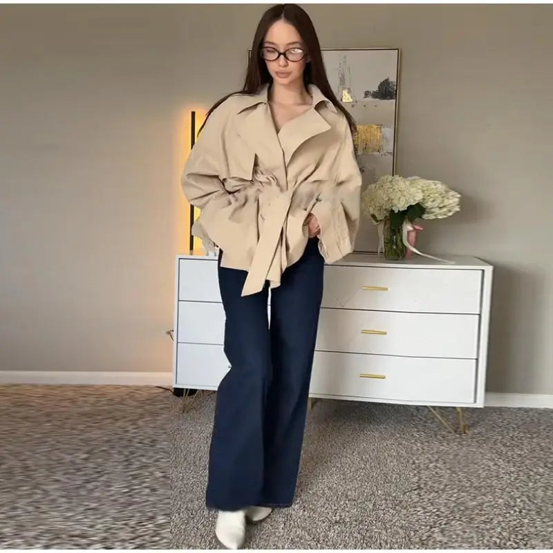 Fashion Lace Up Ruched Trench Coat Women Solid Loose Lapel Full Sleeve Jackets Female 2025 Spring Autumn Lady Commute Coats New