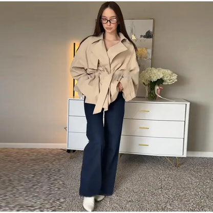 Fashion Lace Up Ruched Trench Coat Women Solid Loose Lapel Full Sleeve Jackets Female 2025 Spring Autumn Lady Commute Coats New