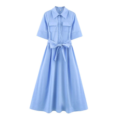 KONDALA Fall Women Elegant Red Belted Dress Lapel Pocket Long Dress 2025 New Summer High Street Romantic Casual Holidays Dress