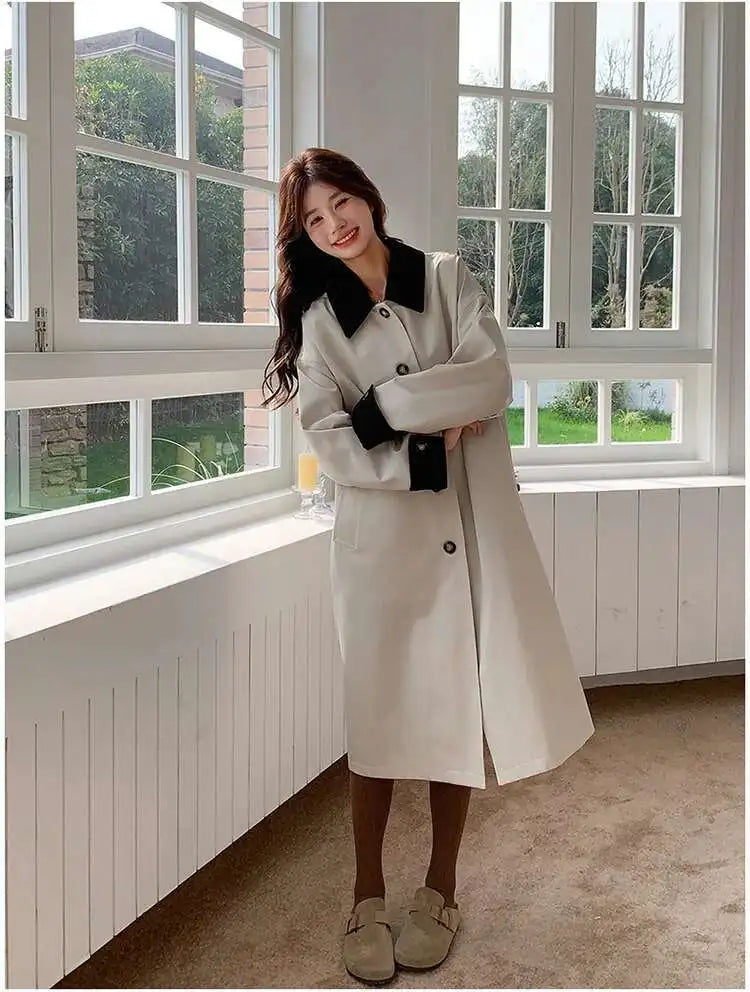 LANMREM Women Trench Coat Korean Style New Lapel Long Sleeve Loose Single Breasted Windbreaker Fashion Tide Spring 2025 2DE118