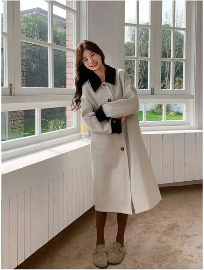 LANMREM Women Trench Coat Korean Style New Lapel Long Sleeve Loose Single Breasted Windbreaker Fashion Tide Spring 2025 2DE118
